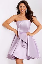 Elegant lilac short formal dress with bold draped ruffle design