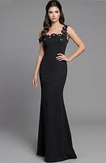 Front view of a fitted gown with floral appliqué neckline and asymmetric strap