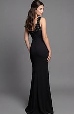 Back view of a fitted gown with floral appliqué detail and clean open back line