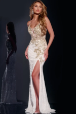 Floral Appliqué Gown With Plunging Neckline 42301 - Image 3
