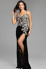 spaghetti strap black high slit dress 42301