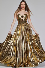Model wearing Jovani 42335 gold gown with sweetheart neckline and floral accents, front view.
