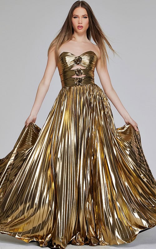 Model wearing Jovani 42335 gold gown with sweetheart neckline and floral accents, front view.