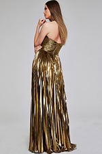 Back view of model in Jovani 42335 gold evening gown.