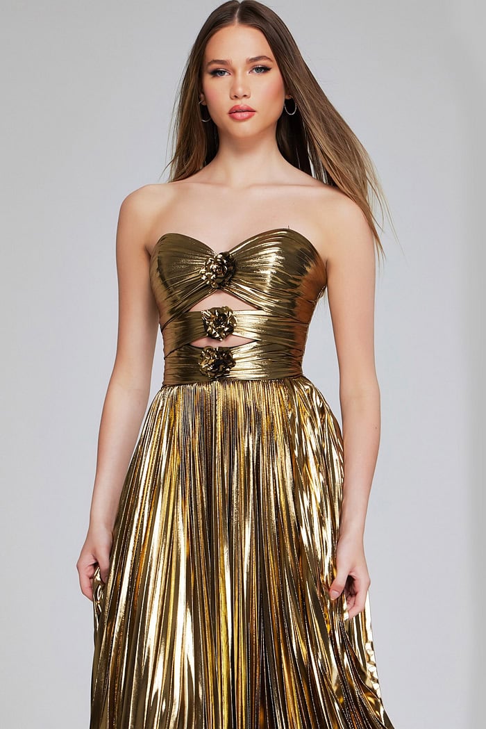 Glamorous Gold Strapless Gown with Floral Accents and Cutout Detail 42335 | Jovani Glamorous Gold Strapless Gown with Floral Accents and Cutout Detail 42335 | Jovani