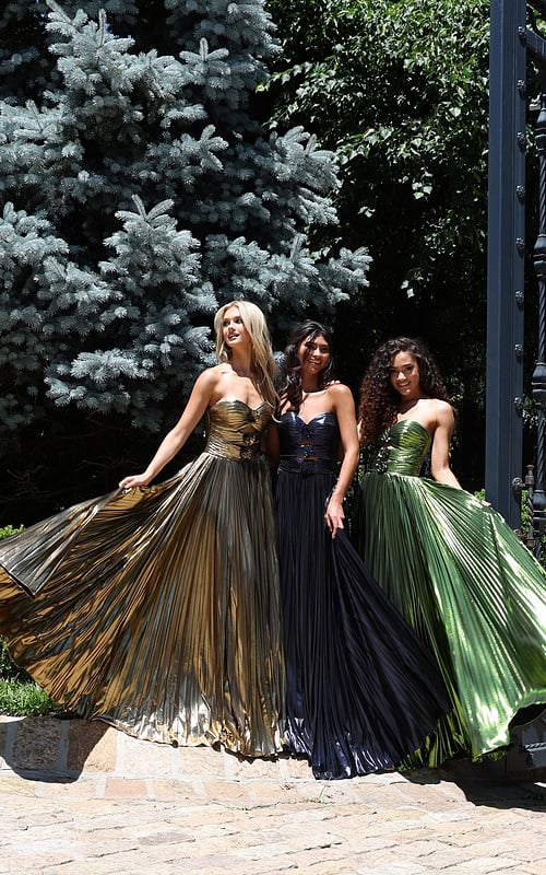 glamorous gold strapless gown with floral accents and cutout detail