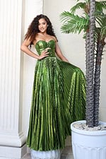 glamorous gold strapless gown with floral accents and cutout detail