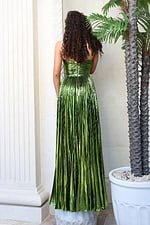 glamorous gold strapless gown with floral accents and cutout detail
