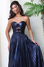 glamorous gold strapless gown with floral accents and cutout detail