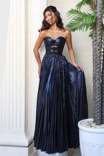 glamorous gold strapless gown with floral accents and cutout detail