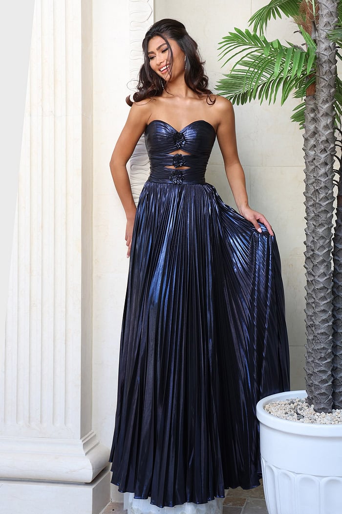 glamorous gold strapless gown with floral accents and cutout detail