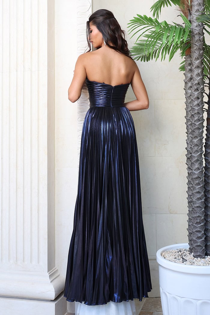 glamorous gold strapless gown with floral accents and cutout detail