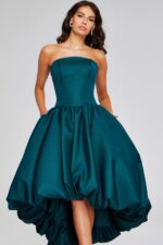 model wearing Jovani 42345 dark green strapless high-low dress front view