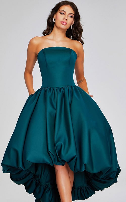 model wearing Jovani 42345 dark green strapless high-low dress front view