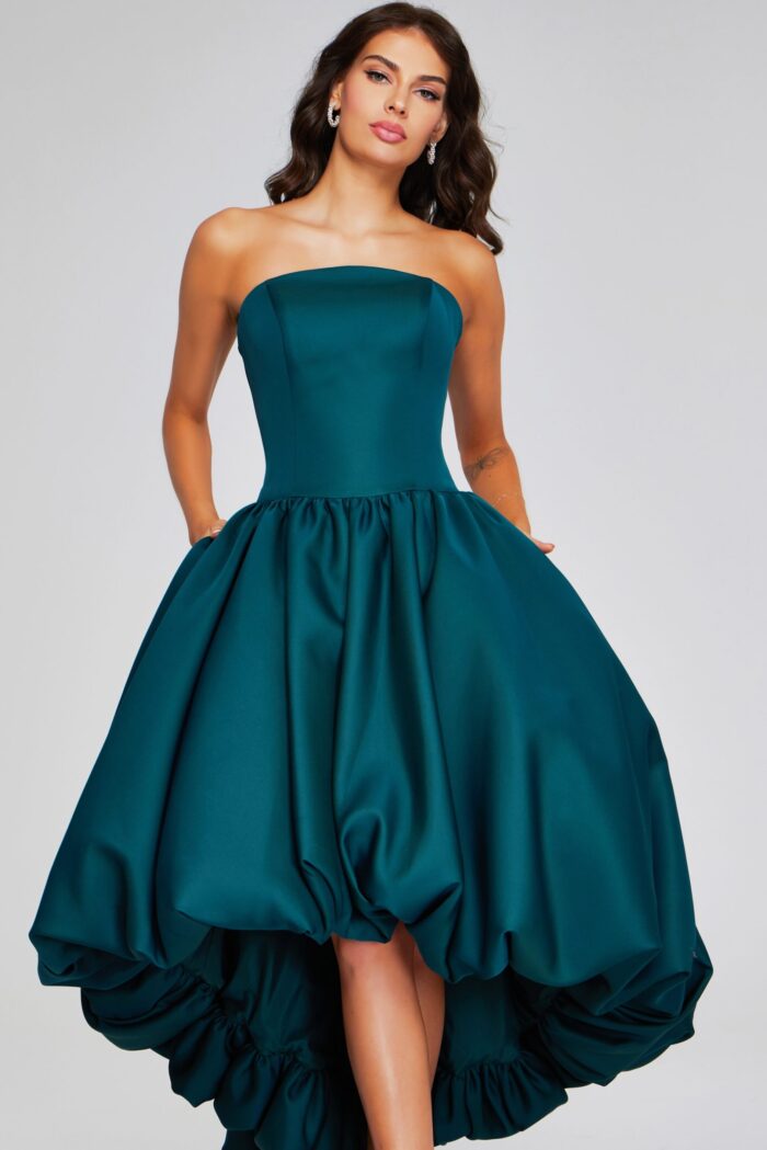 model wearing Jovani 42345 dark green strapless high-low dress front view