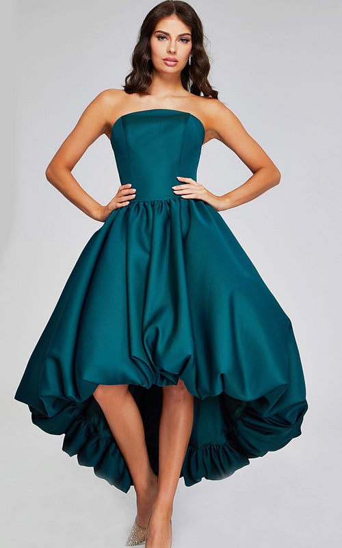 model wearing Jovani 42345 dark green strapless high-low dress full length view