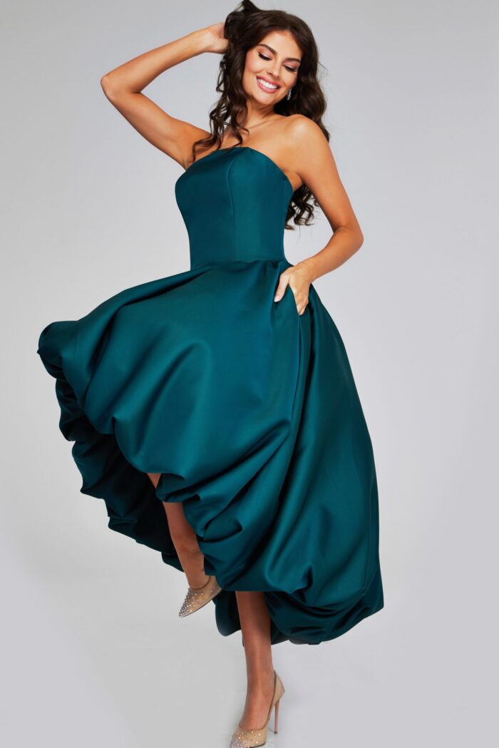 model wearing Jovani 42345 dark green strapless high-low dress side view