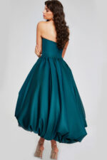 model wearing Jovani 42345 dark green strapless high-low dress back view