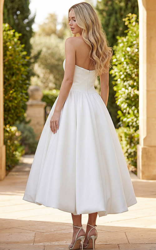 Strapless white high low wedding dress with full bubble skirt and back view details