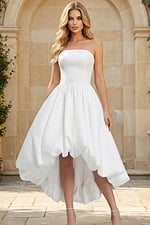 Strapless high low white bridal dress with voluminous bubble hem and fitted bodice