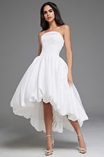 Model wearing Jovani 42345 off-white high-low dress, alternative front view