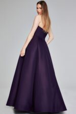 Model wearing Jovani 42347 purple strapless A-line evening gown, back view