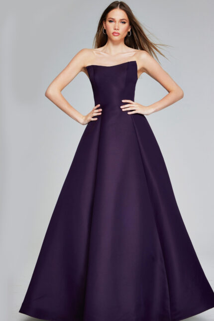 Model wearing Jovani 42347 purple strapless A-line evening gown, front view