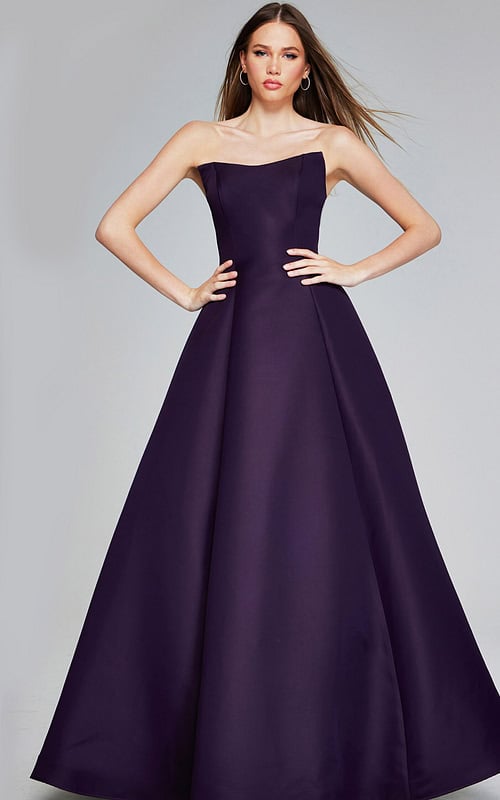 Model wearing Jovani 42347 purple strapless A-line evening gown, front view