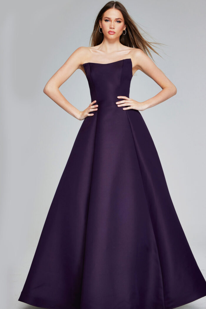 Model wearing Jovani 42347 purple strapless A-line evening gown, front view