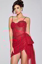 Model wearing Jovani 42368 red dress with sheer overlay and high slit, front view.