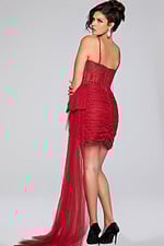Model wearing Jovani 42368 red dress with sheer overlay, back view.