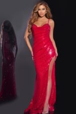 Model wearing Jovani 42379 burgundy gown with sequins and high slit, front view