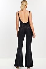 Back view of sleeveless black jumpsuit with low open back