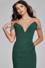 Close-up of Jovani 42394 gown showcasing the beaded off-the-shoulder detail and deep v-neckline.