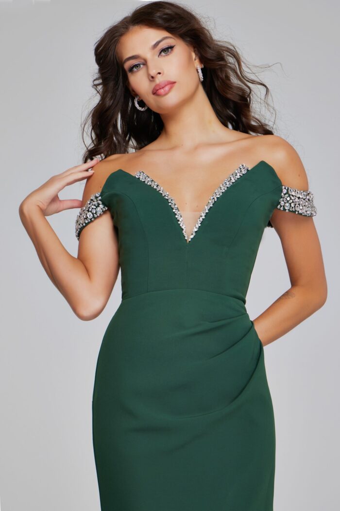 Close-up of Jovani 42394 gown showcasing the beaded off-the-shoulder detail and deep v-neckline.