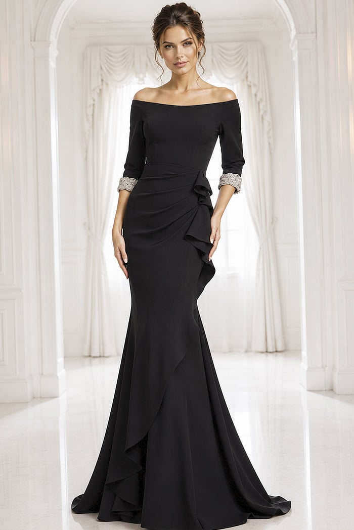 black navy off-shoulder gown with beaded cuffs - front full body, black off-shoulder ruffled mermaid