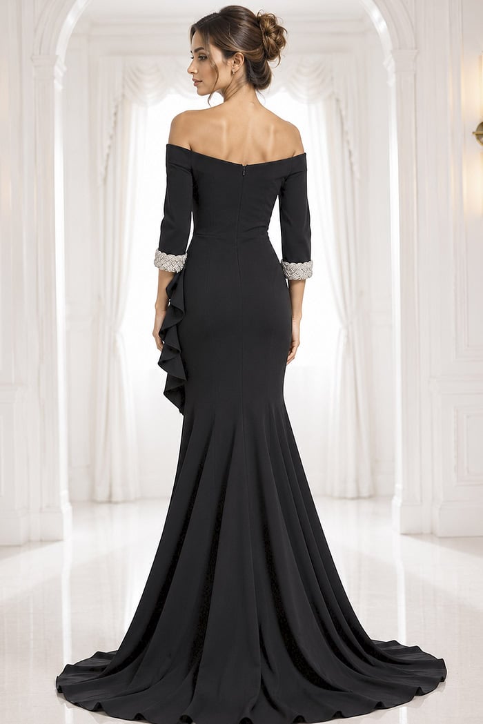 black navy off-shoulder gown with beaded cuffs - back view, black off-shoulder ruffled mermaid