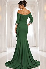 emerald navy off-shoulder gown with beaded cuffs - back view, emerald off-shoulder mermaid ruffle train