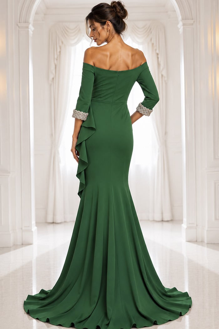 emerald navy off-shoulder gown with beaded cuffs - back view, emerald off-shoulder mermaid ruffle train