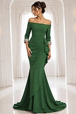 emerald navy off-shoulder gown with beaded cuffs - front full body, green, off-shoulder, embellished cuffs, side ruffle, mermaid train