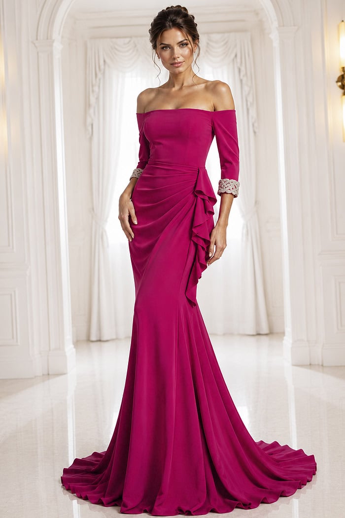 fuchsia navy off-shoulder gown with beaded cuffs - front full body, fuchsia off-shoulder ruched embroidered cuffs