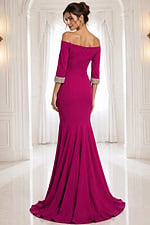 fuchsia navy off-shoulder gown with beaded cuffs - three quarter view, magenta off-shoulder braided cuffs mermaid gown