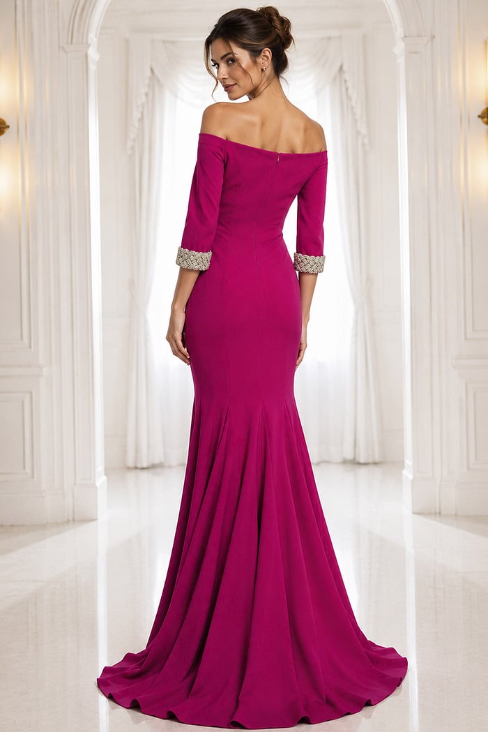 fuchsia navy off-shoulder gown with beaded cuffs - three quarter view, magenta off-shoulder braided cuffs mermaid gown