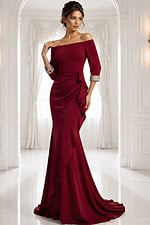 red navy off-shoulder gown with beaded cuffs - three quarter view, deep red, off-shoulder, ruched, embellished cuffs, mermaid