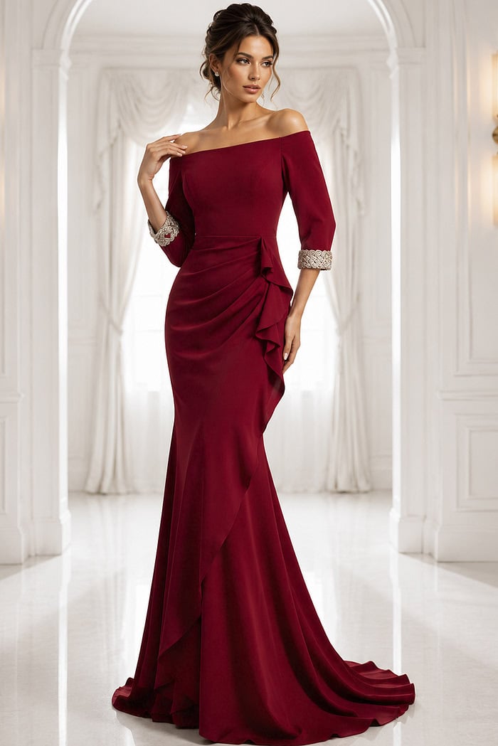red navy off-shoulder gown with beaded cuffs - three quarter view, deep red, off-shoulder, ruched, embellished cuffs, mermaid