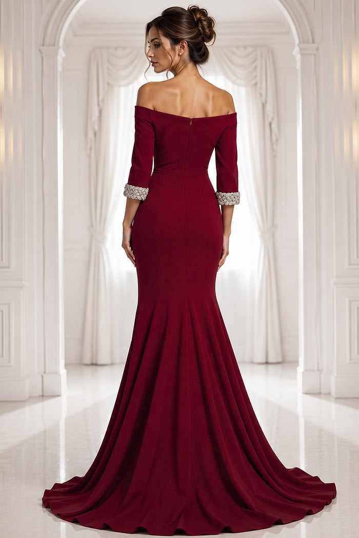 red navy off-shoulder gown with beaded cuffs - back view, off-shoulder trumpet beaded cuffs