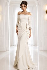 ivory dress style 42409A - front full body, off-shoulder, draped waist, beaded cuffs, cream