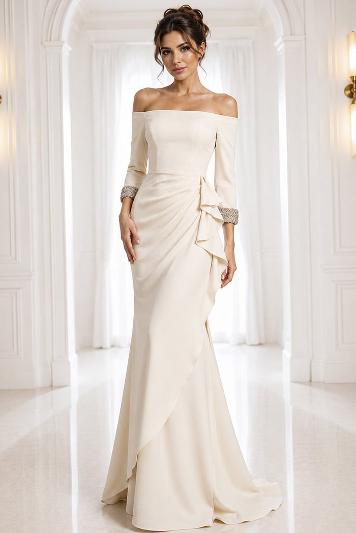 ivory dress style 42409A - front full body, off-shoulder, draped waist, beaded cuffs, cream