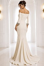 ivory dress style 42409A - back view, ivory off-shoulder beaded trumpet