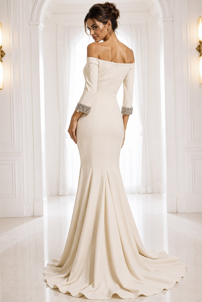 ivory dress style 42409A - back view, ivory off-shoulder beaded trumpet